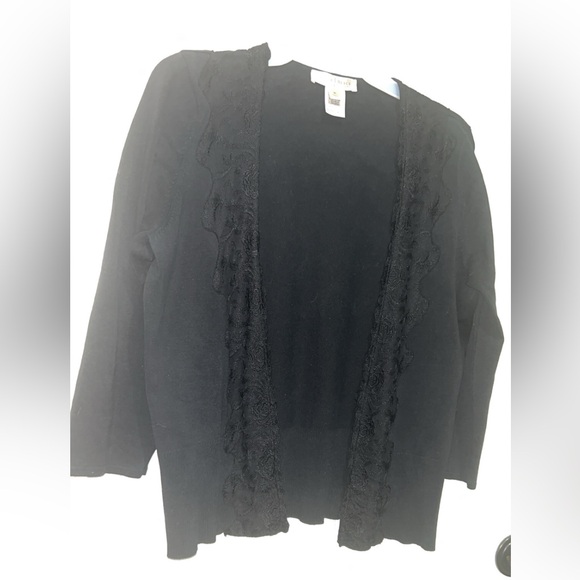 White House Black Market Sweaters - White House, Black Market Silk Black lace cardigan with ruffles Size: XL #lace